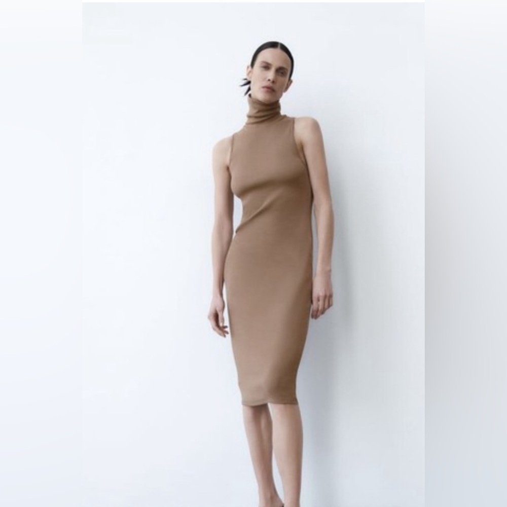 Zara Ribbed Turtleneck Dress camel color